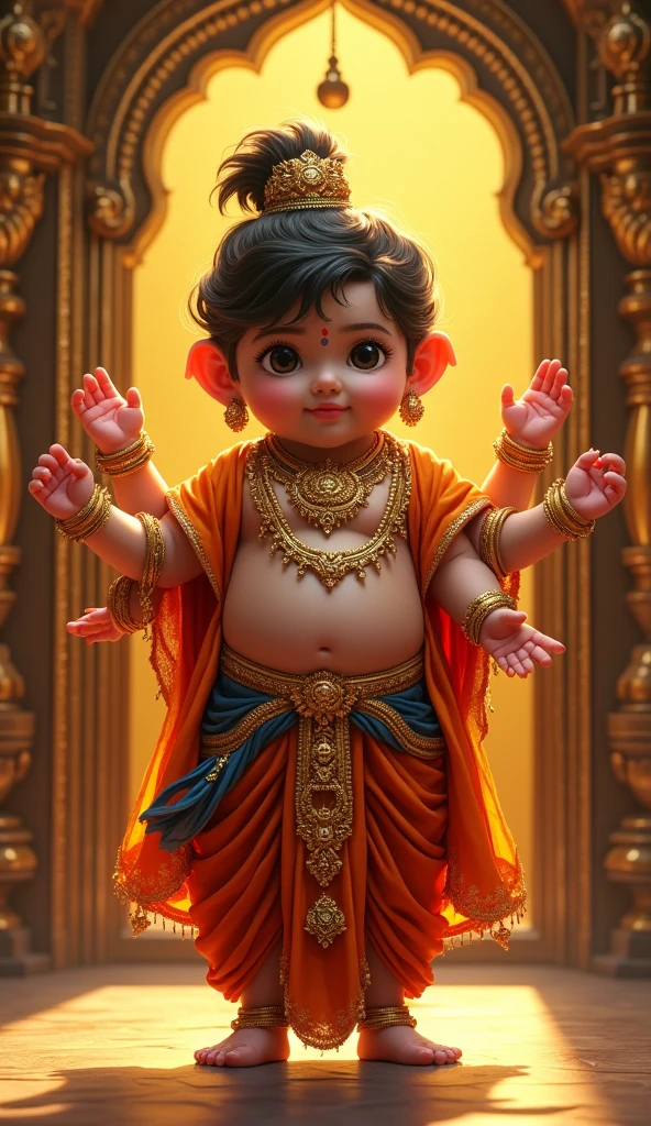 A chubby hindu child with four arms wearing traditional hindu clothing with gold and jewelry, gold bracelets on all four arms, standing in front of a golden door