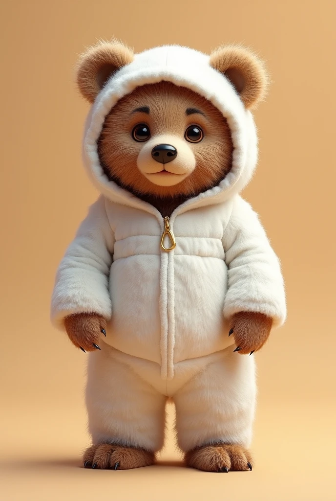 a brown bear wearing a white bear costume, brown fluffy bear, white bear costume with hood, cute bear, photorealistic, 8k, high quality, masterpiece, detailed fur texture, detailed costume design, studio lighting, realistic lighting, vibrant colors, warm lighting, soft focus