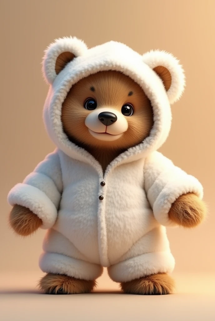 a brown bear wearing a white bear costume, brown fluffy bear, white bear costume with hood, cute bear, photorealistic, 8k, high quality, masterpiece, detailed fur texture, detailed costume design, studio lighting, realistic lighting, vibrant colors, warm lighting, soft focus
