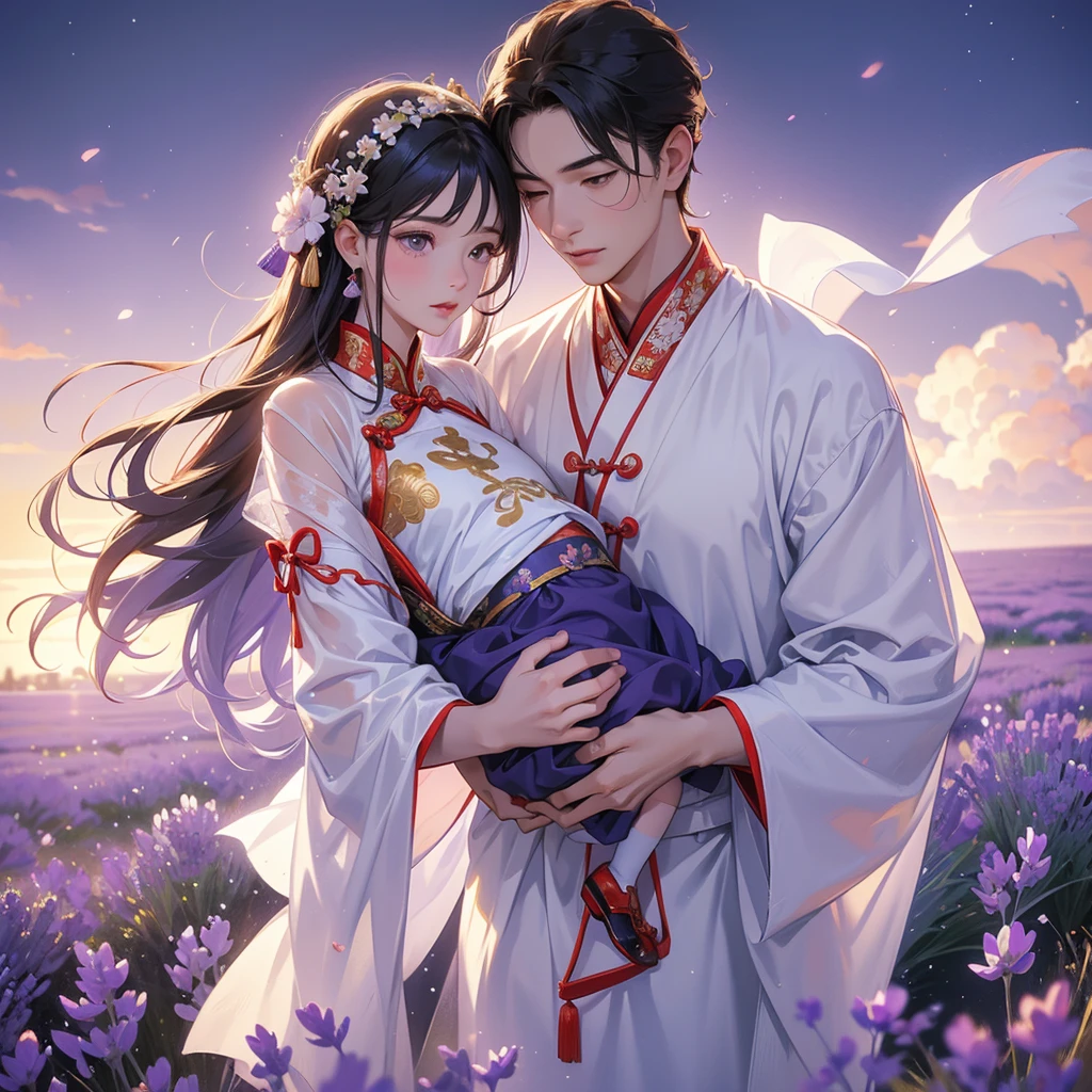 A one-year-old baby boy in an ancient Chinese baby costume with his beautiful mother, dressed in an white ancient Chinese costume, Stroll among the purple lavender fields , There are some floating clouds, playing with each other, with his handsome father standing next to his mother, close up.