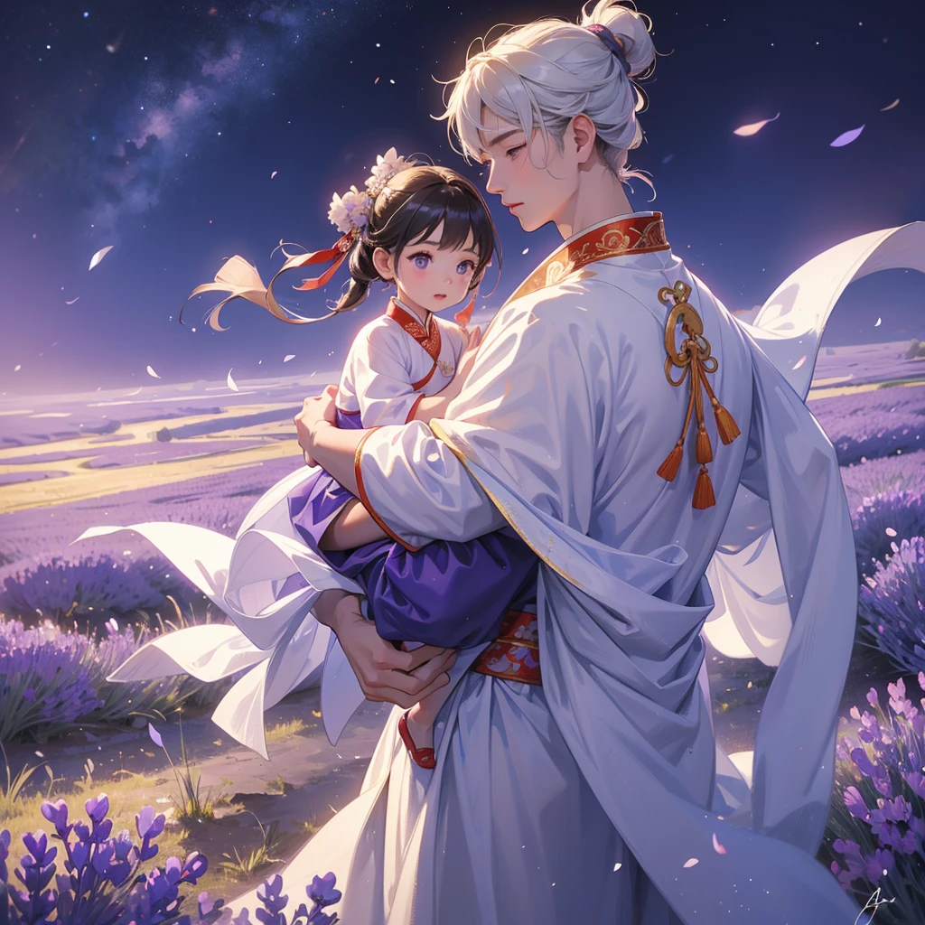 A one-year-old baby boy in an ancient Chinese baby costume with his beautiful mother, dressed in an white ancient Chinese costume, Stroll among the purple lavender fields , There are some floating clouds, playing with each other, with his handsome father standing next to his mother, close up.