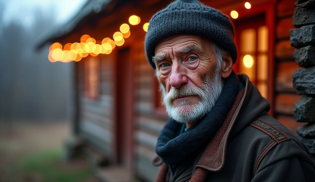 ancient russian man, looking directly at the camera, not at the center, clear facial features, bright colors, light particles, with bright light, Mushhiv, wallpaper art, UHD wallpapers, vivid atmosphere, near a house ancient village