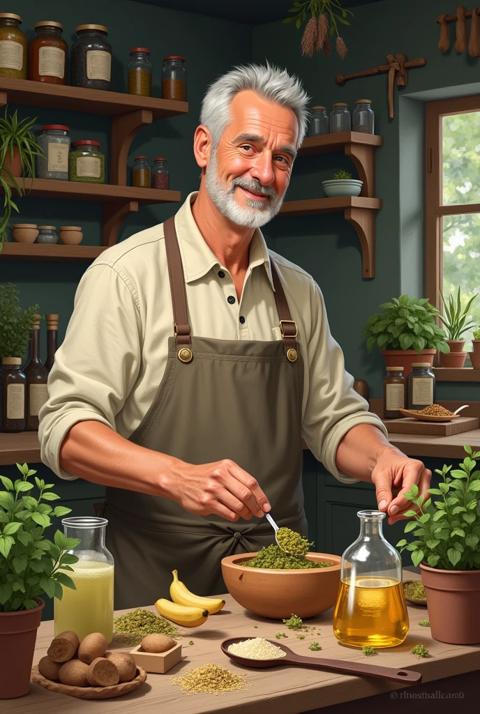 A cover for my recipe book of home remedies where a man is preparing one