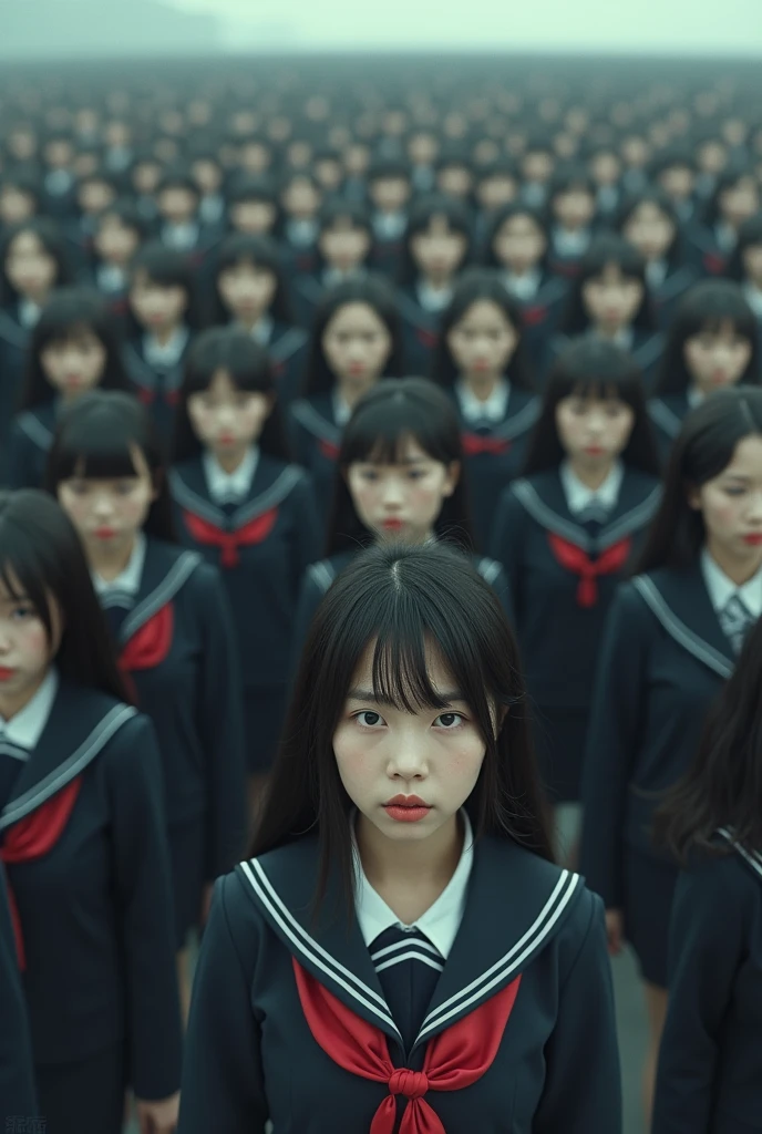 1000 Asian girls with identical faces wearing realistic school uniforms approach me at the same time