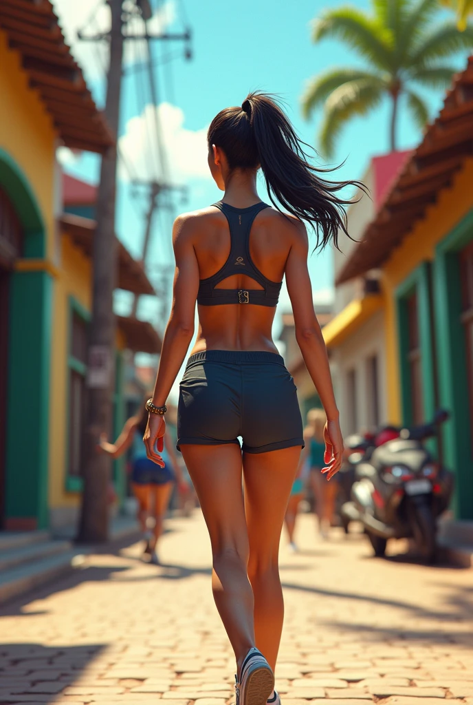 A slim, young, long haired woman going to the gym in Brazil