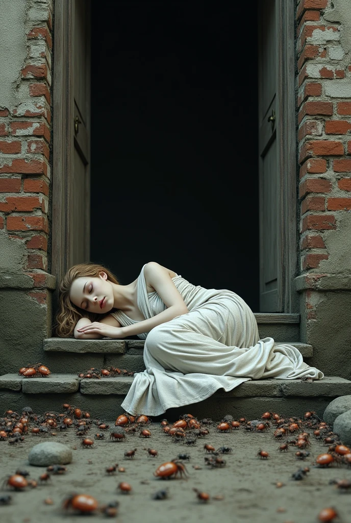 Sleeping goddess on the doorstep of a dirty brick building with bugs all over the ground