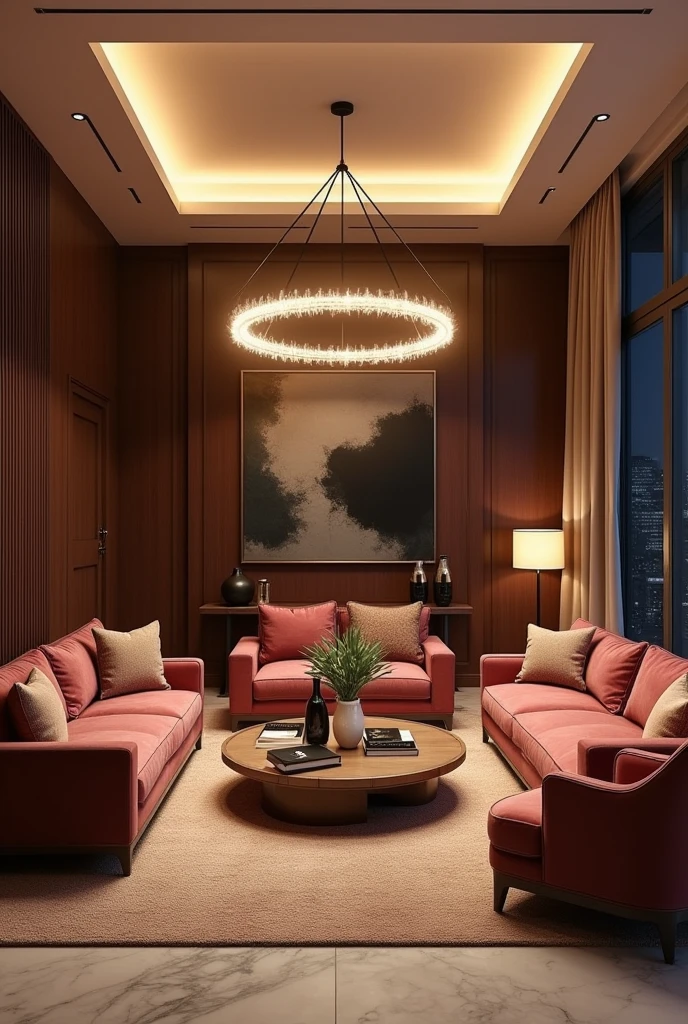 Modern artdeco interior design of living room , artistic , interior view , well-designed masterpiece, shime ring light , light brighteness , archdaily, award winning contemporary, contemporary masterpiece
