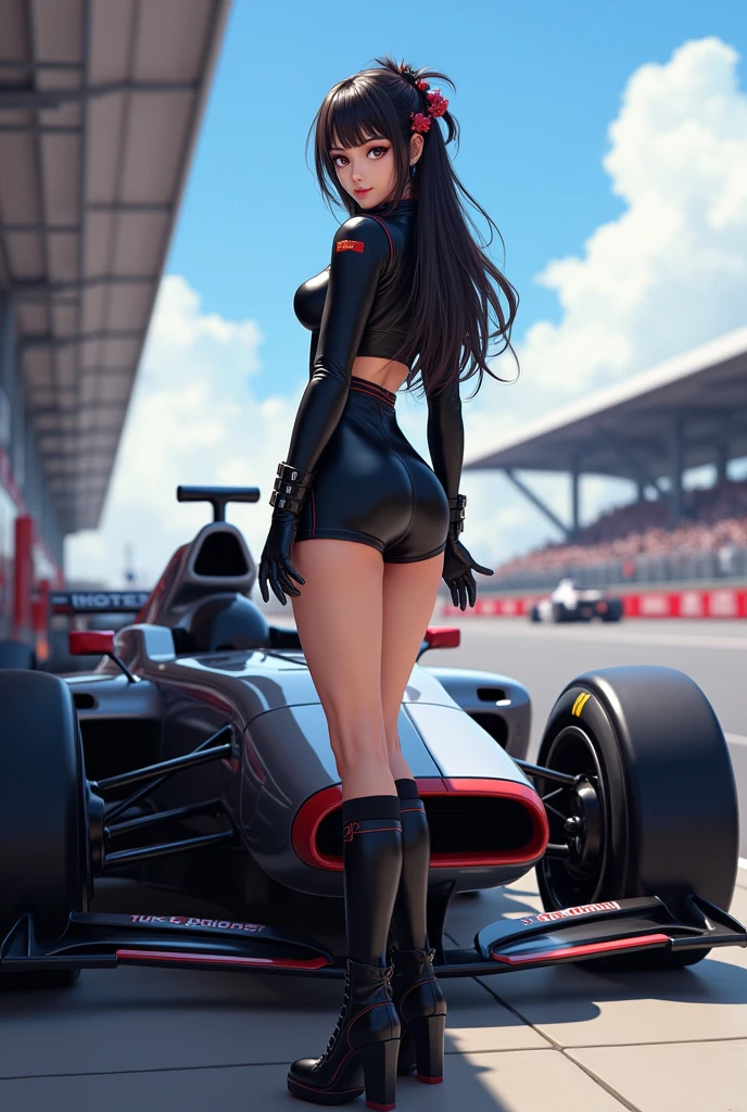 A Japanese race queen standing confidently at a racing circuit, dressed in a sleek and stylish black outfit. Her attire includes a short black top, a mini skirt, high socks, and boots, all in a coordinated black theme. She poses elegantly next to a race car, exuding both sophistication and energy. Her expression is vibrant and engaging, capturing the lively atmosphere of the racing event. The background is filled with the bustling activity of the circuit, with race cars and cheering fans enhancing the dynamic scene.