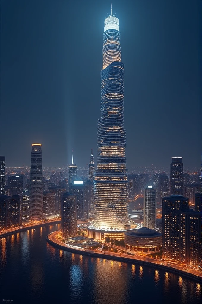 City skyline at night, with a large illuminated and a river sparking below