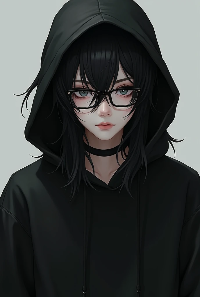 ((Best Quality)), ((masterpiece)), (detailed), 1 black haired male teenager wearing black hoodie, thigh high stockings, with glasses and femboy 