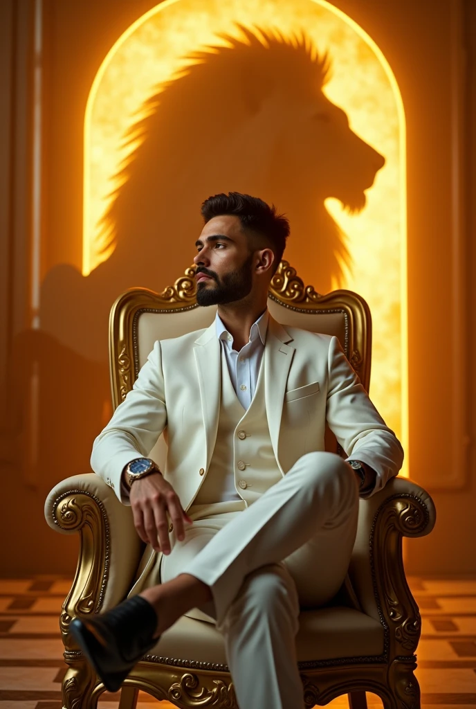 Create a illusion image where a man wearing luxury white suit and sitting on king type old golden chair, where is shadow of lion in background.
Man is looking in attitude.
In background "SUBH" is written with bold and golden neon effects in bold letters.
Also he's wearing a luxury watch.
Also there's a lighting effect in the background which reflecting power of lion. 