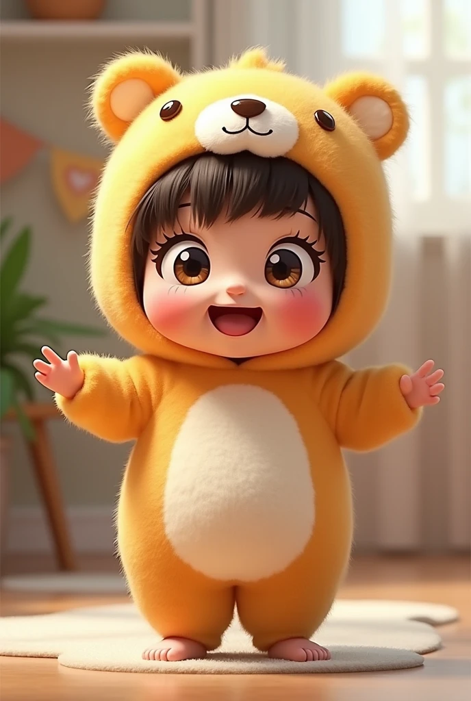 (girl),(()) ,3d images ,Highest quality 8K ,Chubby body shape,((Very fat)),Pink cheeks,podgy,Good mood, very happy,Gym is good,((surprised)),((excited)),Put on a stuffed animal costume,Balanced lighting,blurred background,Middle of the picture