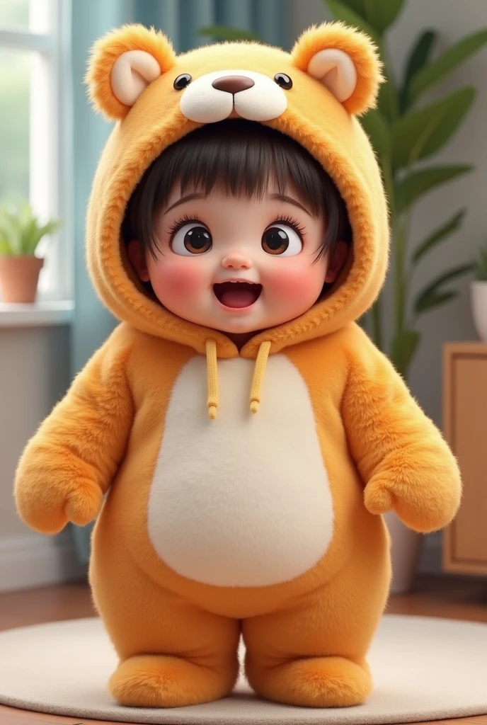 (girl),(()) ,3d images ,Highest quality 8K ,Chubby body shape,((Very fat)),Pink cheeks,podgy,Good mood, very happy,Gym is good,((surprised)),((excited)),Put on a stuffed animal costume,Balanced lighting,blurred background,Middle of the picture