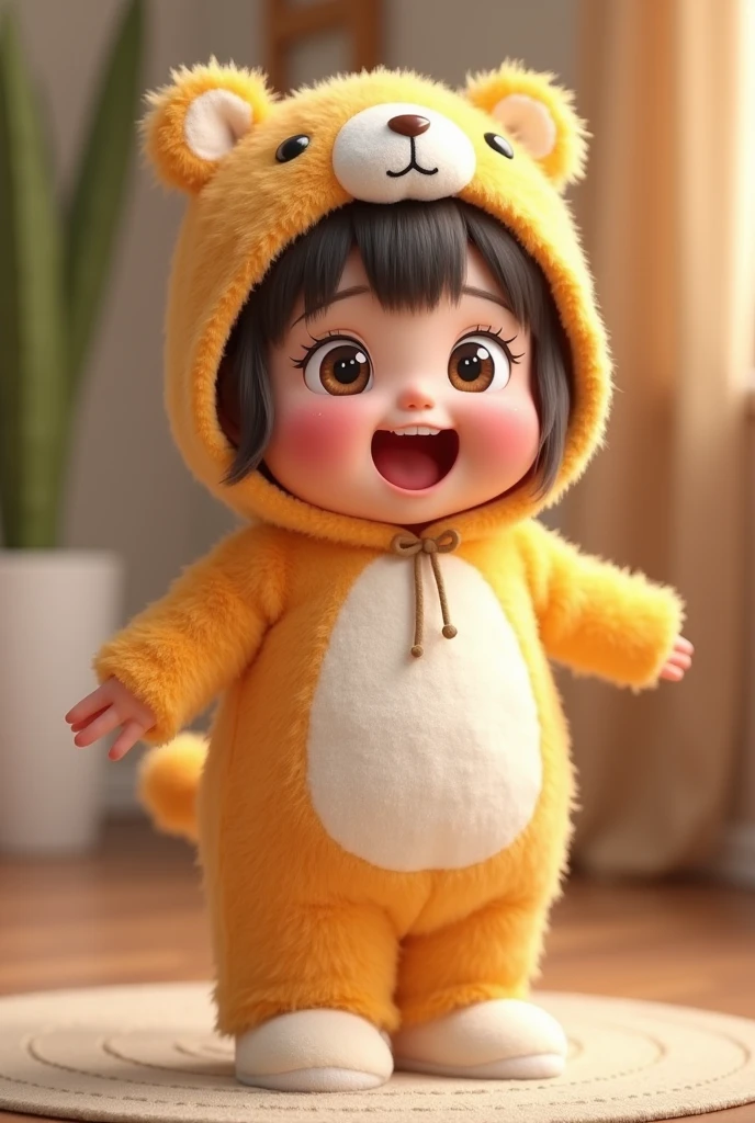 (girl),(()) ,3d images ,Highest quality 8K ,Chubby body shape,((Very fat)),Pink cheeks,podgy,Good mood, very happy,Gym is good,((surprised)),((excited)),Put on a stuffed animal costume,Balanced lighting,blurred background,Middle of the picture