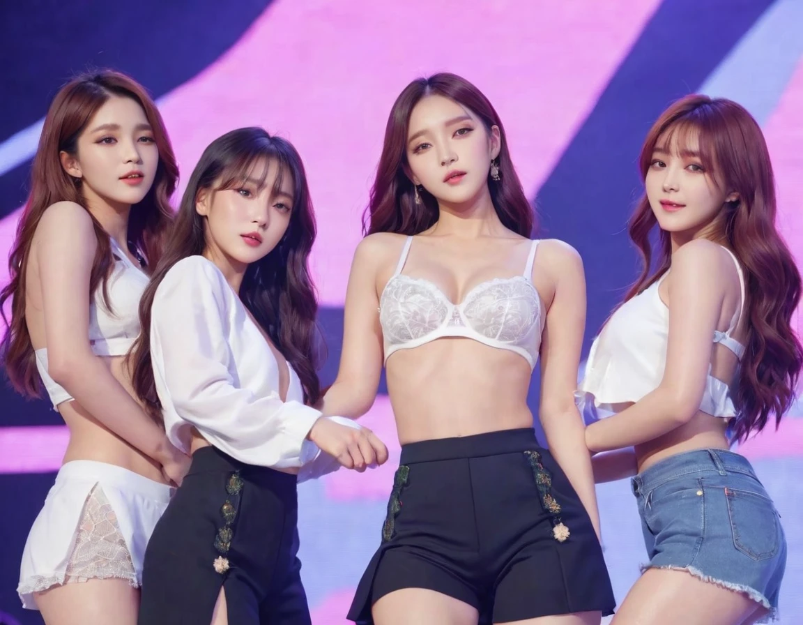 (Highest quality、4K、8k、High resolution、masterpiece:1.2)、Very detailed、(Genuine、Realistic、Realistic:1.3、Korean k-pop idol girls group dancing on stage、Underwear-style outfit