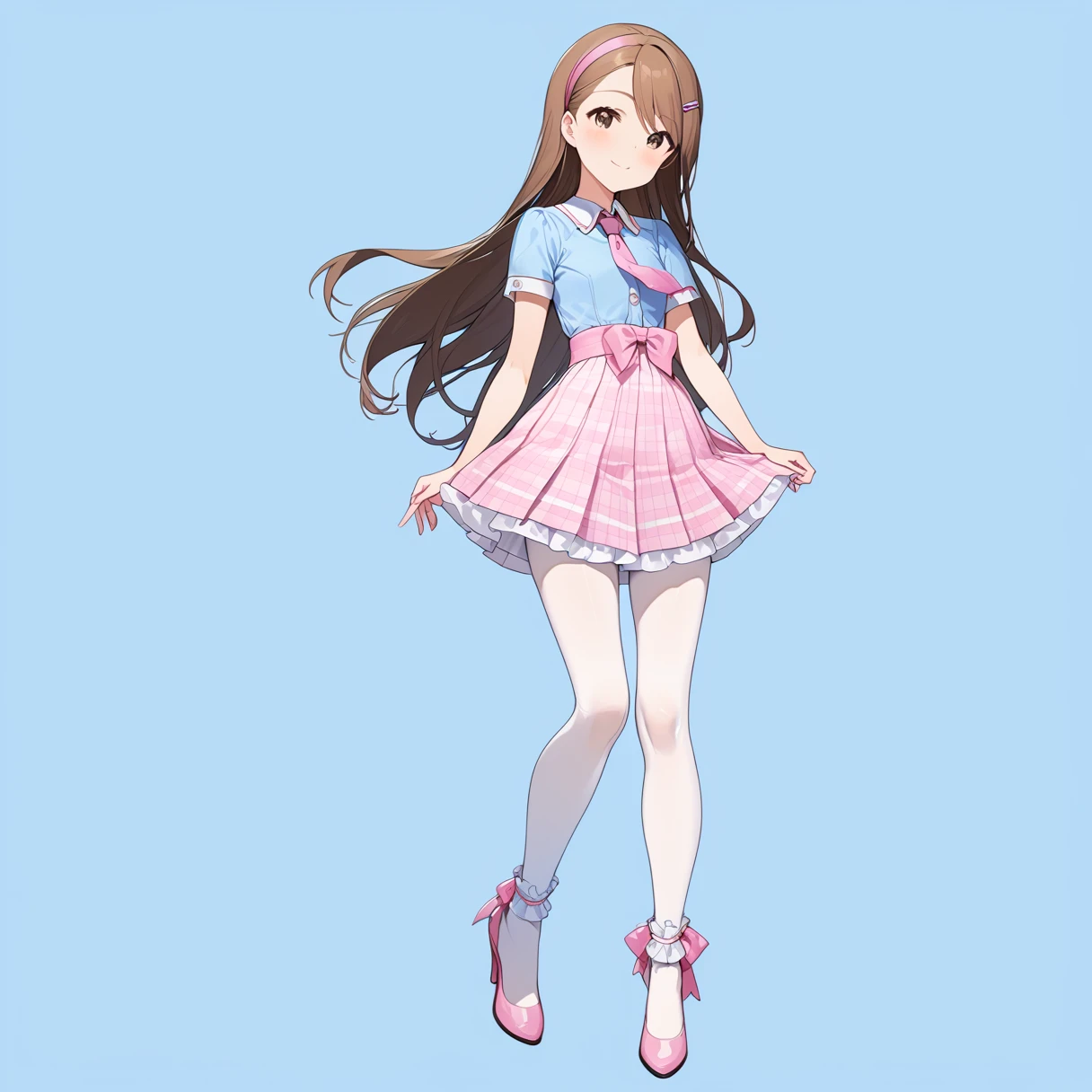 (Full Body Shot:1.5), (Seductive pose:1.0),
(masterpiece), (Highest quality), (High resolution), (Very detailed), (Best illustrations), Best Shadow, (so beautiful:0.5), (very cute),
(Minase Iori), girl,
Dark brown hair, Long Hair, amount, Hair Clip, Brown eyes, hair band,
smile, Shyness, Pitiful,
Small breasts, Round Breasts, Iris, round face,
Perfect limbs, Perfect Anatomy, Thin legs, Five perfect fingers, Big eyes, Iris, (slender), Tight waist,
Delicate and smooth skin, Beautiful Skin, Textured skin, Attractive body,
smile, 恥ずかしそうなsmile,
(White and pink girly dress), Frills, ribbon, (Pink tie), (A sheer light blue shirt), (Pink and white checkered pleated skirt),
White cotton socks,(White Pantyhose), Knee-high socks, Pink heels,
(Blue background:2.0), (Blue Studio),
(from the front),