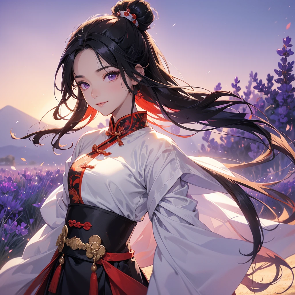 A Handsome black-hair male holding a large sword in an red-white ancient chinese costume, close up.

Stroll among the purple lavender fields , There are some floating clouds, her hair is black with two buns on her hair.small chibi, chibi baby, smiling ,Chibi. Sunset.