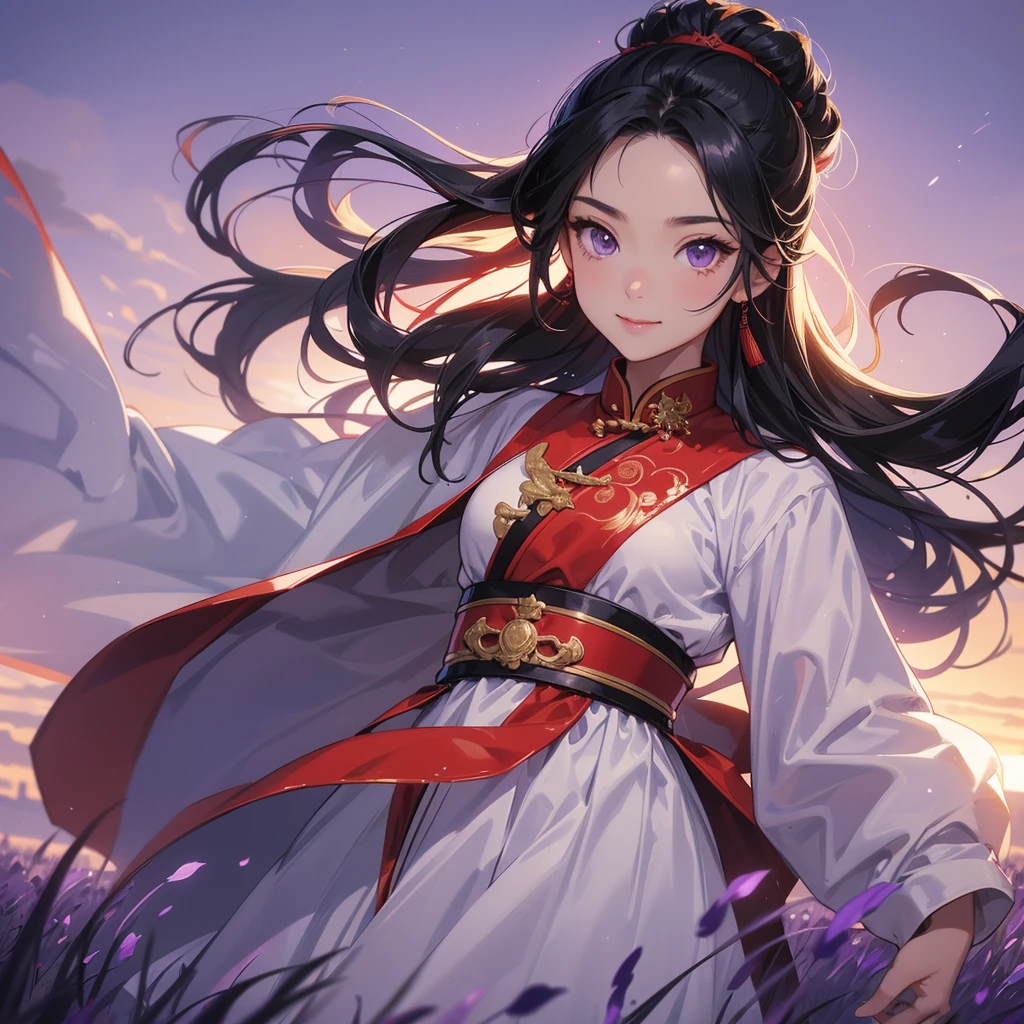 A Handsome black-hair male holding a large sword in an red-white ancient chinese costume, close up.
Stroll among the purple lavender fields , There are some floating clouds, her hair is black with two buns on her hair.small chibi, chibi baby, smiling ,Chibi. Sunset.