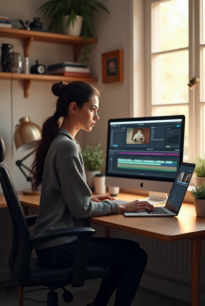 brunette woman working as a video editor working on her laptop
