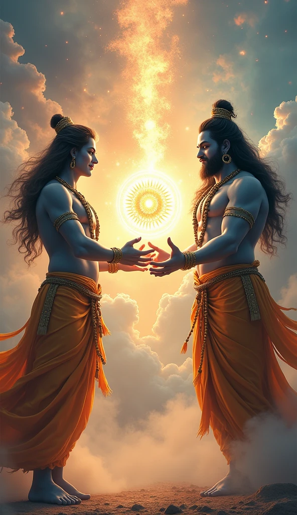 Show Lord Vishnu receiving the Sudarshan Chakra from Lord Shiva with gratitude. The scene should convey a sense of reverence and the transfer of this mighty weapon.