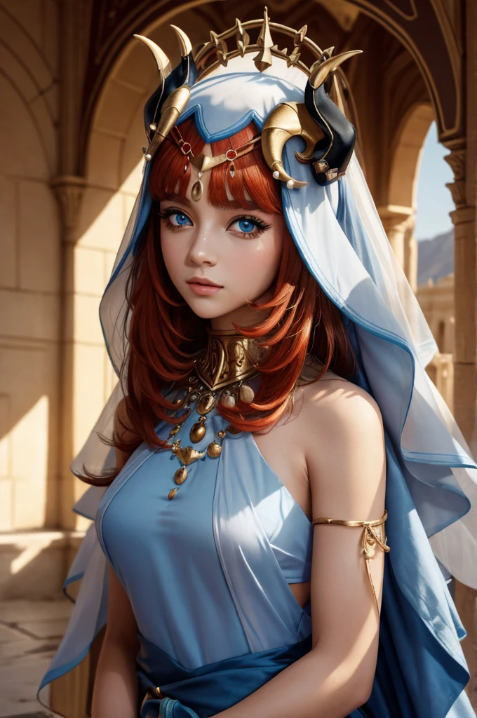 1 Beautiful Woman, Nilou (Genshin Impact), persian girl, red hair, blue eyes, two black horns, Desert Princess，Aladdin，Tanned skin（（（The eyes are very delicate）））（（（Hair accessories）））（（（veil：24））））（（（veil））），necklace，Wearing a blue conservative silk dress， ((Royal Palace))（（（masterpiece）））， （（best quality））， （（Intricate details））， （（Surreal））（8K）