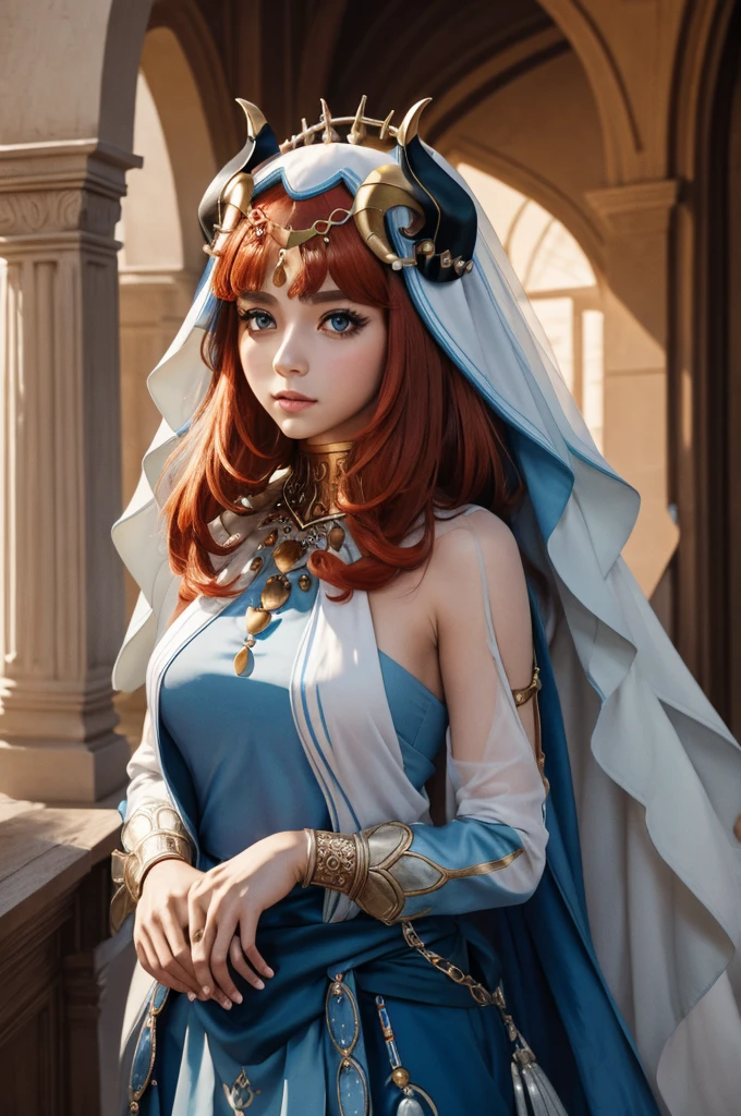 1 Beautiful Woman, Nilou (Genshin Impact), persian girl, red hair, blue eyes, two black horns, Desert Princess,Aladdin,Tanned skin(((The eyes are very delicate)))(((Hair accessories)))(((veil:24))))(((veil))),necklace,Wearing a blue conservative silk dress, ((Royal Palace))(((masterpiece))), ((best quality)), ((Intricate details)), ((Surreal))(8K)