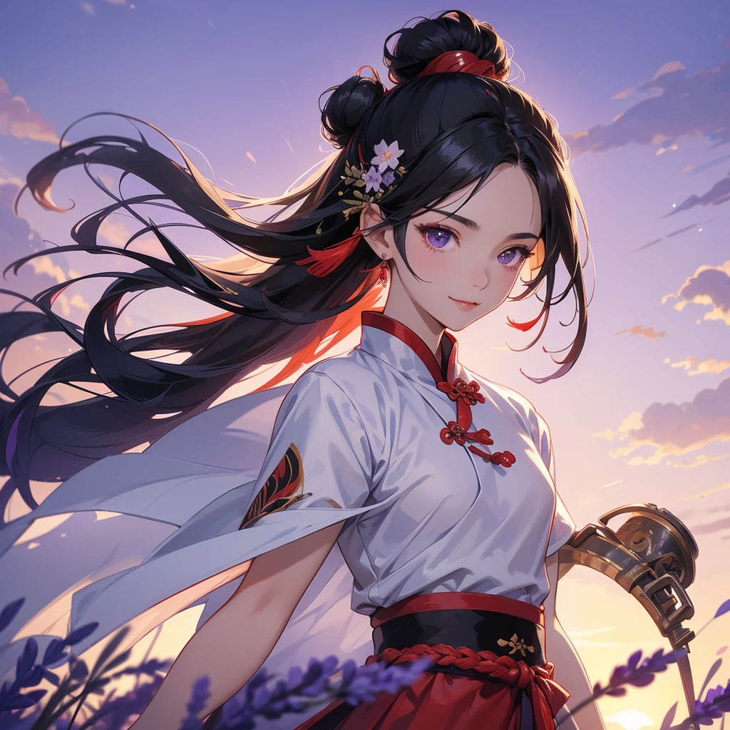 A Handsome black-hair male holding a large sword in an red-white ancient chinese costume, close up.

Stroll among the purple lavender fields , There are some floating clouds, her hair is black with two buns on her hair.small chibi, chibi baby, smiling ,Chibi. Sunset.