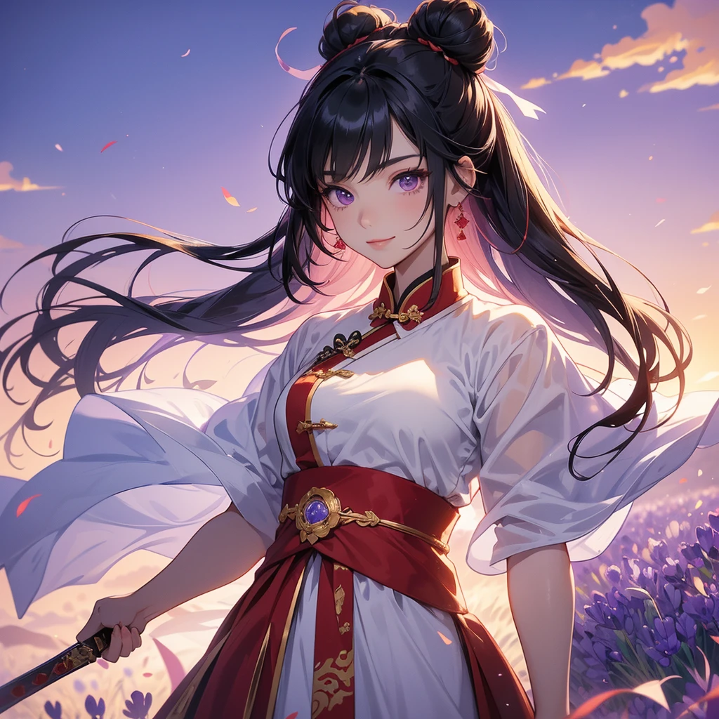 A Handsome black-hair male holding a large sword in an red-white ancient chinese costume, close up.
Stroll among the purple lavender fields , There are some floating clouds, her hair is black with two buns on her hair.small chibi, chibi baby, smiling ,Chibi. Sunset.