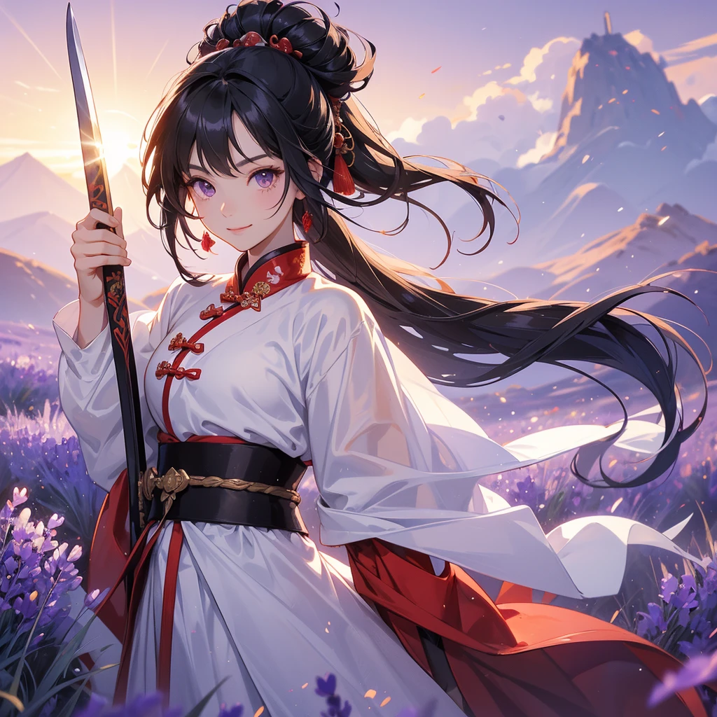 A Handsome black-hair male holding a large sword in an red-white ancient chinese costume, close up.
Stroll among the purple lavender fields , There are some floating clouds, her hair is black with two buns on her hair.small chibi, chibi , smiling ,Chibi. Sunset.