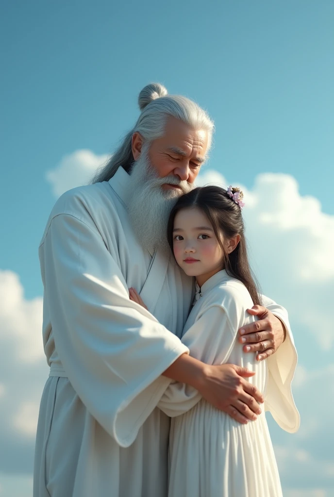  {high quality}, Octane Rendering, Ultra HD, Depth of Field, epic, Movie, ancient China, girl, Cute face, Blue sky and white clouds,Transparent white clothing, pregnant,Tall caucasian grandpa hugging him from behind