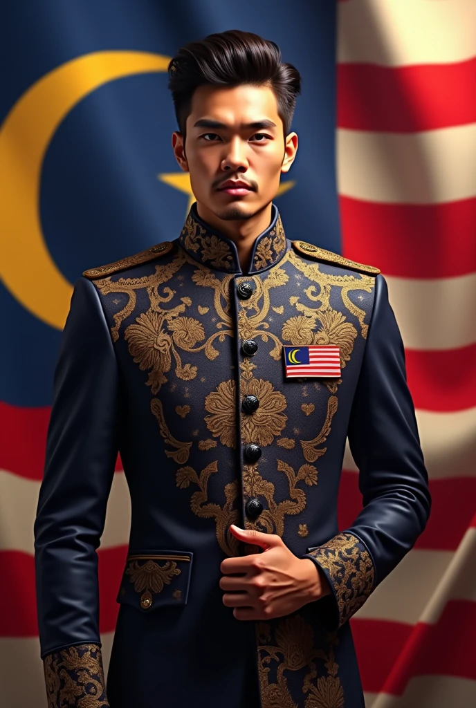 handsome young man , Malay face , stylish hair , wearing royal clothes and malaysian flag logo , Malaysian flag background