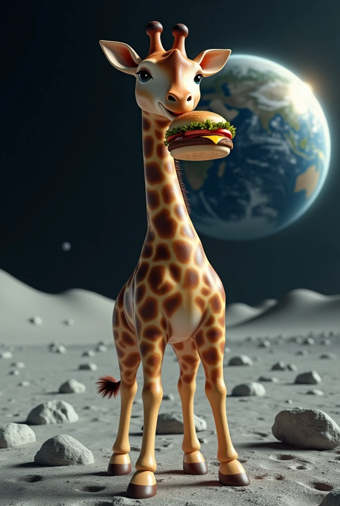 Giraffe on the moon eating a burger