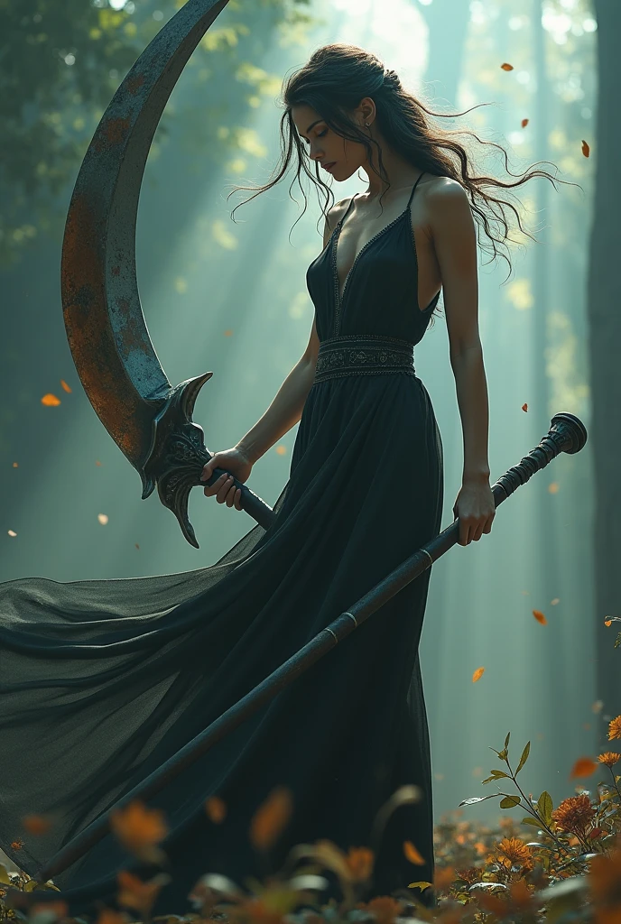 A girl wielding huge scythe, The sickle was bigger than her body., ((Masterpiece, Highest quality, Highest picture quality, high resolution, realistic, raw photos, 8ก)), ((A collection of 8K CG wallpapers that are very detailed.)), (Shoot a huge amazing goddess, jaw-dropping beauty, perfect proportions, beautiful body, slim body beauty:1.4), A girl wielding huge scythe, Movie Poster, (huge scythe:1.5),