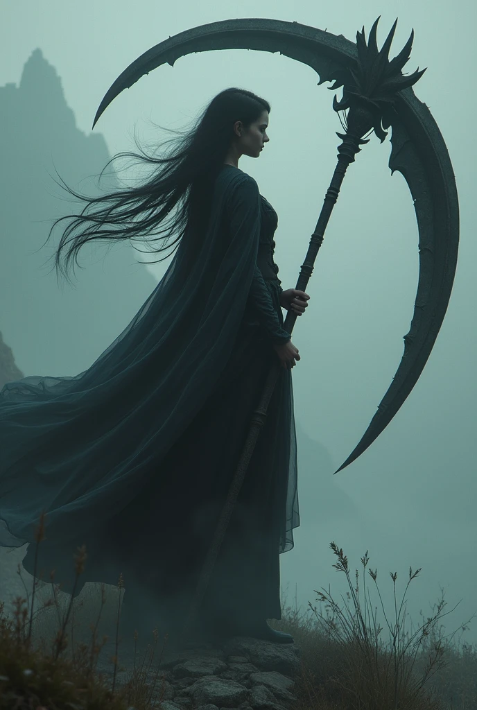 A girl wielding huge scythe, The sickle was bigger than her body., ((Masterpiece, Highest quality, Highest picture quality, high resolution, realistic, raw photos, 8ก)), ((A collection of 8K CG wallpapers that are very detailed.)), (Shoot a huge amazing goddess, jaw-dropping beauty, perfect proportions, beautiful body, slim body beauty:1.4), A girl wielding huge scythe, Movie Poster, (huge scythe:1.5), 
