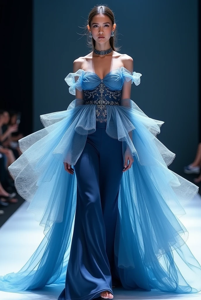 Graceful Fashion show costume showing dynamics,power and elegance of ocean with a navy blue full frock as a base and different shades of blue along with white net fabric adding layers