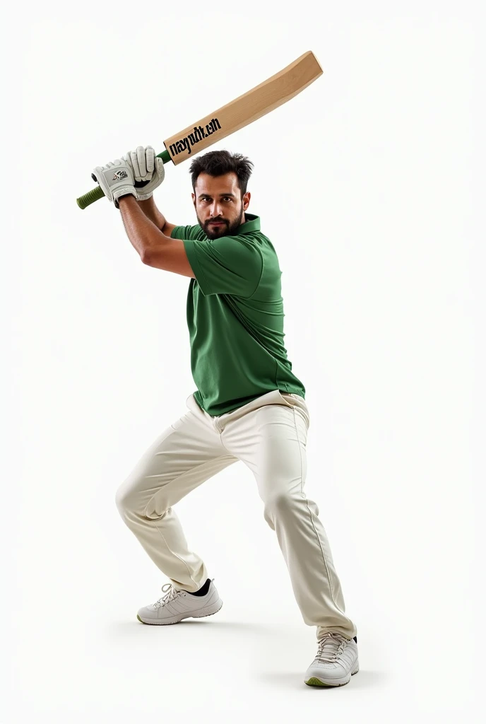 Man in green collared tshirt and white trouser, holding a bat in straight drive position, a text written on bat "NAYAKHEL.COM" showing bat to viewer, in white background