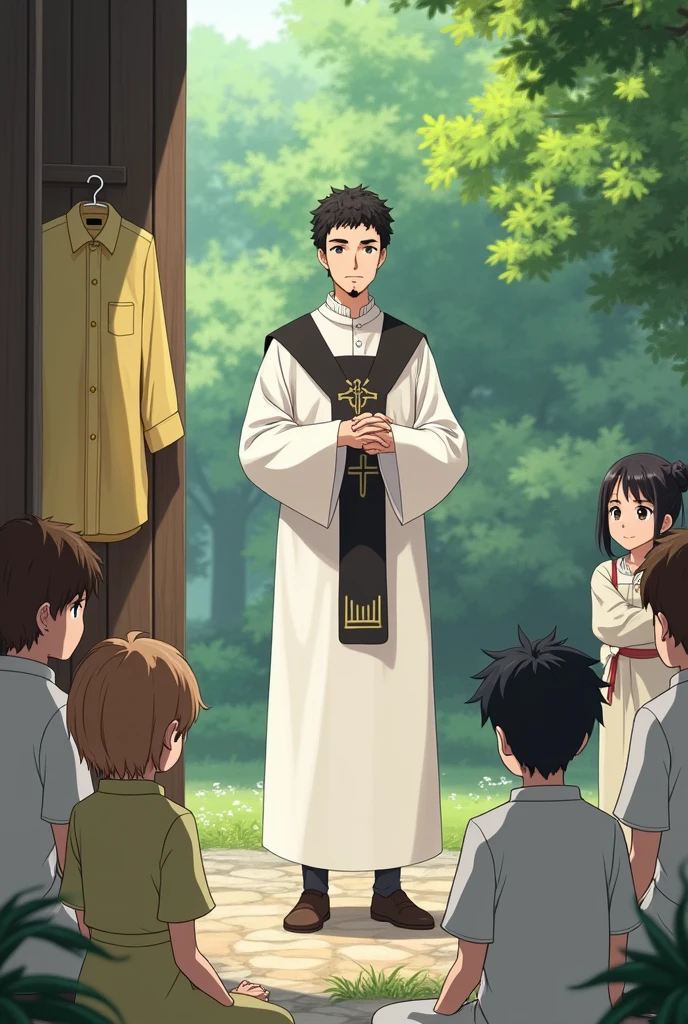 "In a serene anime-style scene, the medium height, medium build white man with short, curly black hair, white skin, brown eyes, and a goatee is dressed in a white Cistercian habit, complete with a black scapular. He is teaching under a tree in the monastery grounds, surrounded by three girls and five boys who are attentively listening. The yellow dress shirt and white pants are neatly folded in a corner nearby. The background features the tranquil monastery setting with soft, filtered light creating an inviting atmosphere."