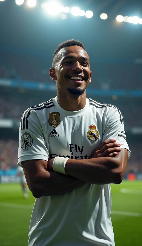 photorealistic, 8k, hyperrealistic, a Kylian Mbappe wear Real Madrid jersey, number 9, celebrating his goal, in stadium, arm crossed pose, highly identical face, intense expression, full body in frame, dramatic lighting, cinematic composition, chiaroscuro, dramatic shadows, photographic realism