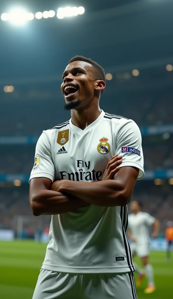 photorealistic, 8k, hyperrealistic, a Kylian Mbappe wear Real Madrid jersey, number 9, celebrating his goal, in stadium, arm crossed pose, highly identical face, intense expression, full body in frame, dramatic lighting, cinematic composition, chiaroscuro, dramatic shadows, photographic realism