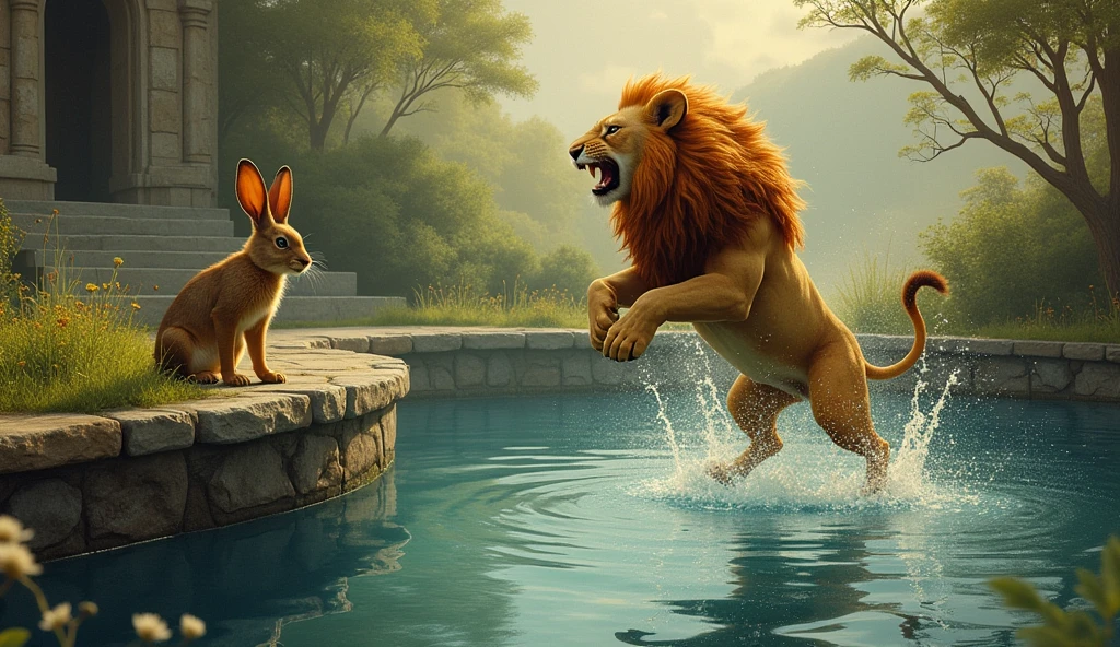 The Lion Jumps into the WellPrompt: "In a moment of rage, the lion leaps into the well, splashing into the water below. The rabbit watches from the edge, his plan having succeeded. The reflection of the lion can still be seen in the disturbed water."
