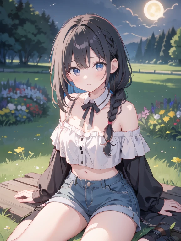 (masterpiece, Highest quality), A girl with black braided hair sitting in a field with green plants and flowers, Warm moonlight, Blurred foreground, change, River bank, Bra shorts, Strange Eyes