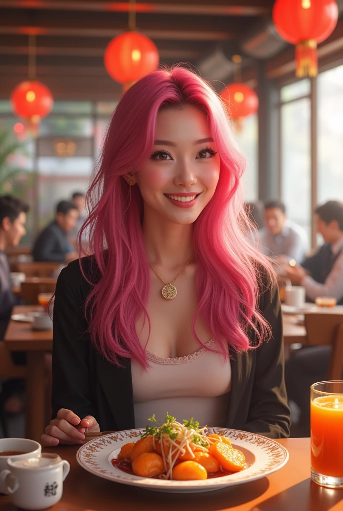 woman 1 Pink Hair Taiwanese Eating at a restaurant