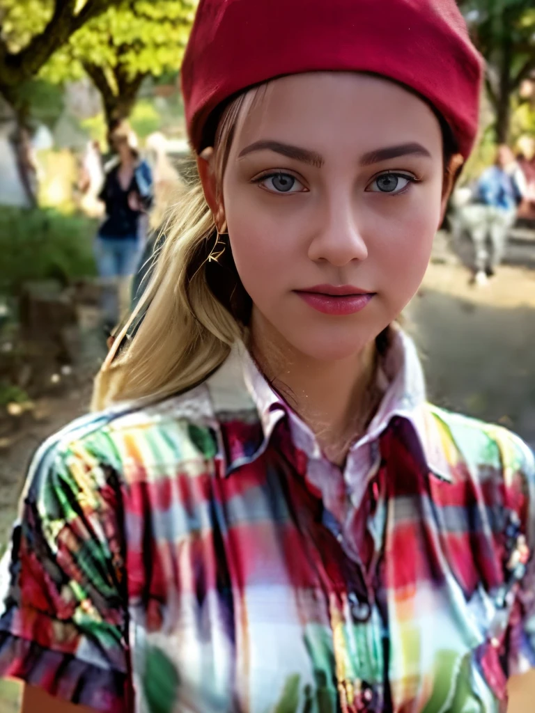 Masterpiece, Best Quality, 8K, Photographic Reality, Realistic, a girl ,20, with brown eyes, dark hair, wearing a collared shirt and red beret, walking through a forest