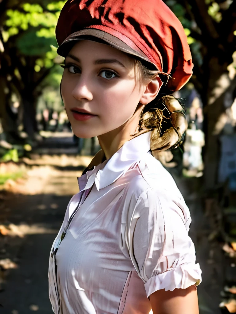 Masterpiece, Best Quality, 8K, Photographic Reality, Realistic, a girl ,20, with  brown eyes, dark hair, wearing a collared shirt and red beret, walking through a forest 