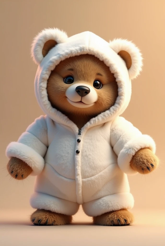 a brown bear wearing a white bear costume, brown fluffy bear, white bear costume with hood, cute bear, photorealistic, 8k, high quality, masterpiece, detailed fur texture, detailed costume design, studio lighting, realistic lighting, vibrant colors, warm lighting, soft focus