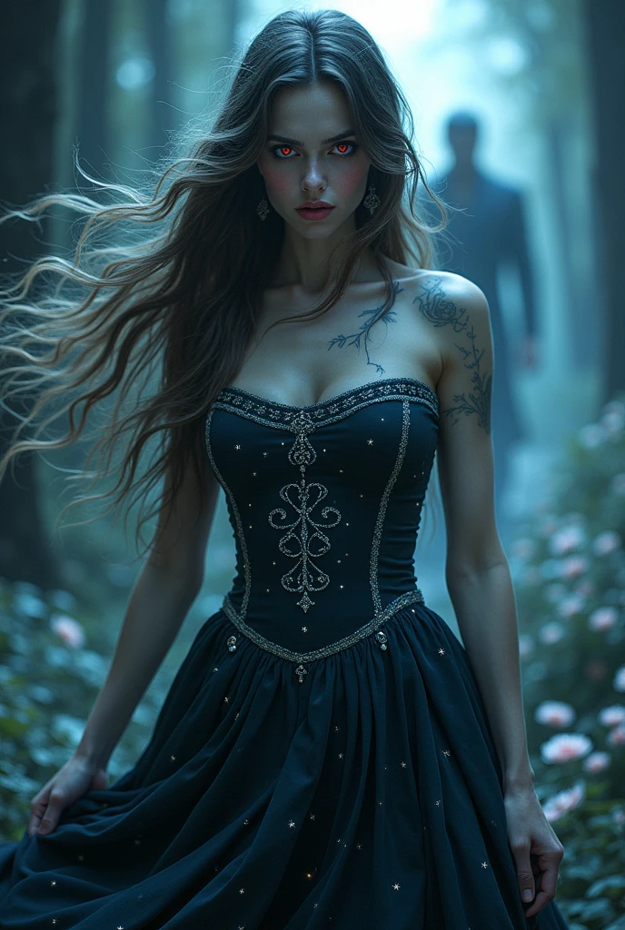 A woman with long, wavy hair, with black locks that shine under the moonlight. Hair looks almost ethereal, as if floating lightly, the eyes a deep shade of blood red, like a dawn, with small silver sparks that resemble stars. They have a hypnotic glow, almost as if they reflected the moonlight. Furthermore, the pupil is slightly elongated, giving a mysterious and predatory touch, like a vampire&#39;s.
the skin is pale with a slight glow reminiscent of nighttime luminescence. Small constellation markings adorn her arms, wearing a long, flowing dress, made of a fabric that appears to change color between deep blue and black, with silver embroidery, it is in the center, com um olhar intenso, holding a magical artifact. 
In the background there is a blurred and shadowy figure of a man with a threatening aura.
In a setting that mixes elements of nature and magic, like an enchanted forest with tall trees and bright flowers, but also with sinister shadows that suggest danger.
With symbols and runes that represent both blood (like drops or marks) as the charms (como estrelas).