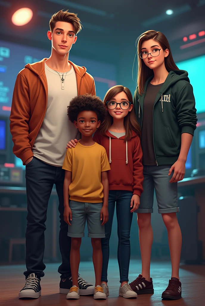 4 friends to very tall with fair skin one little short and other one mid heighted with little dark skin standing together background should be gaming