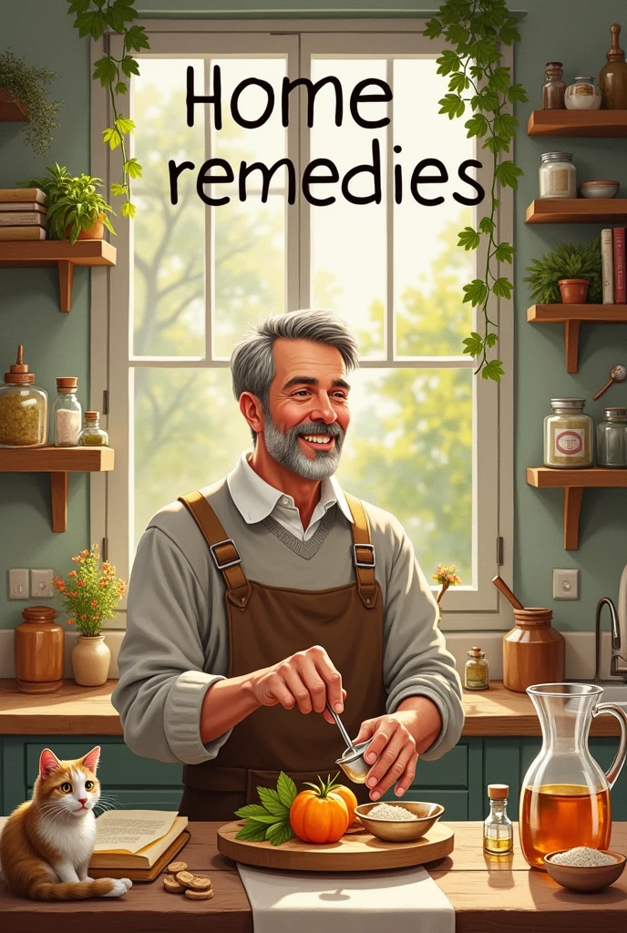 A cover for my recipe book of home remedies where there is a man preparing one With a title that you can hear recipe book 

