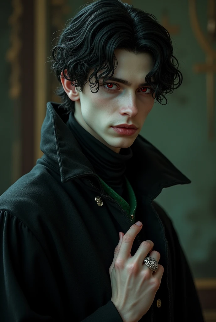 Generate an image of a male harry potter character who has red eyes short black hair pale skin. From Slytherin House. Dress elegantly, preferring black robes with silver and dark green details. Always wears a family ring with the Blackwood crest.