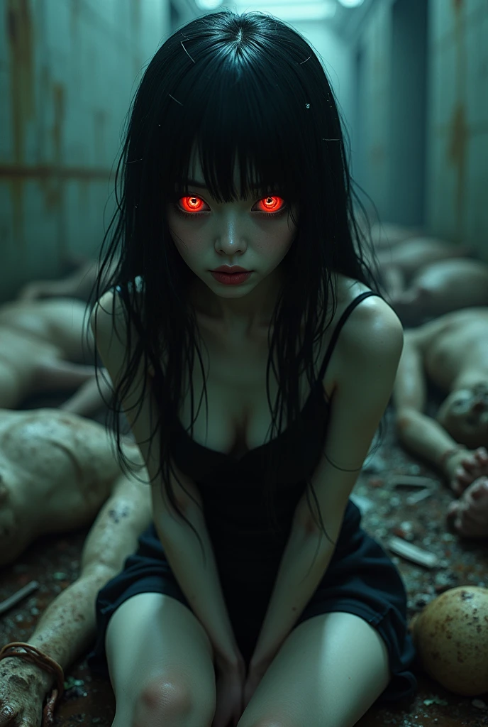 creepy kazakh woman with strange appearance, zombie-like stunningly beautiful, sitting in a nightmare, a crumbling experimental facility, with dark black hair, demonstrating full, straight bangs, red glowing eyes, that pierce the soul, dressed in a short ensemble, her emotionless look, Apparently, inviting with a dark charm, amidst a backdrop of decomposing bodies, dark manga influence, Close-up
